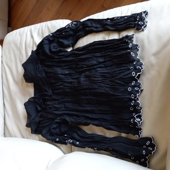 Boho Indi California Black White Foral Embroidered LongSleeve Sheer Blouse SizeL - Picture 6 of 6